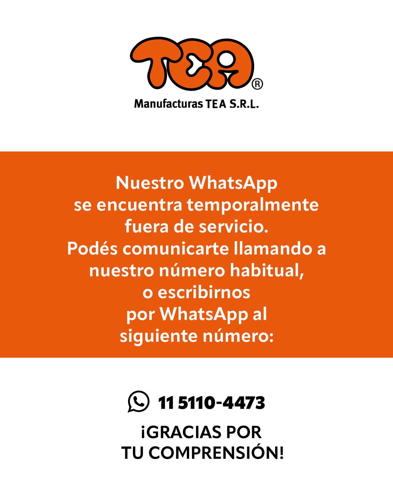Nuestro WhatsApp está temporalmente fuera de servicio. Podés llamar al número habitual o escribir por WhatsApp al 11 5110-4473. ¡Gracias por tu comprensión!